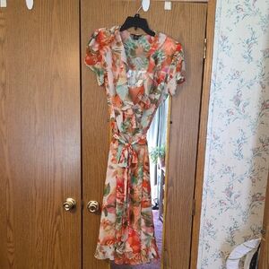 2 In 1 Elegant Orange Slip Dress With Floral Overlay